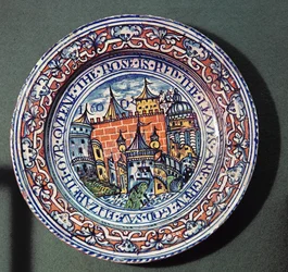 Assiette de Delft avec vues de la Tour de Londres, vue de dessus, vers 1600
